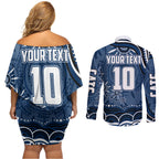 Personalized Geelong Cats Rugby Mascot Couples Matching Off Shoulder Short Dress and Long Sleeve Button Shirt Aboriginal Dot Art - Dreamtime Football Mascot