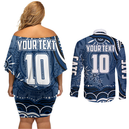 Personalized Geelong Cats Rugby Mascot Couples Matching Off Shoulder Short Dress and Long Sleeve Button Shirt Aboriginal Dot Art - Dreamtime Football Mascot
