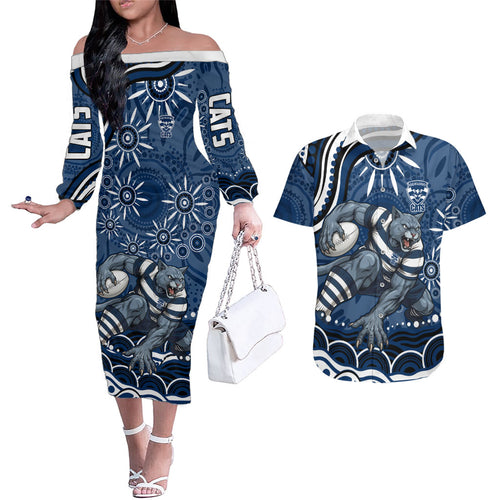 Personalized Geelong Cats Rugby Mascot Couples Matching Off The Shoulder Long Sleeve Dress and Hawaiian Shirt Aboriginal Dot Art - Dreamtime Football Mascot