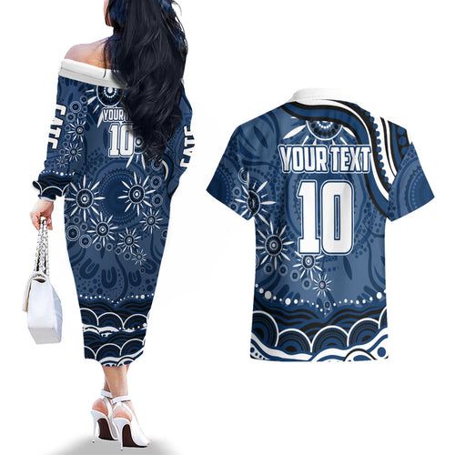Personalized Geelong Cats Rugby Mascot Couples Matching Off The Shoulder Long Sleeve Dress and Hawaiian Shirt Aboriginal Dot Art - Dreamtime Football Mascot