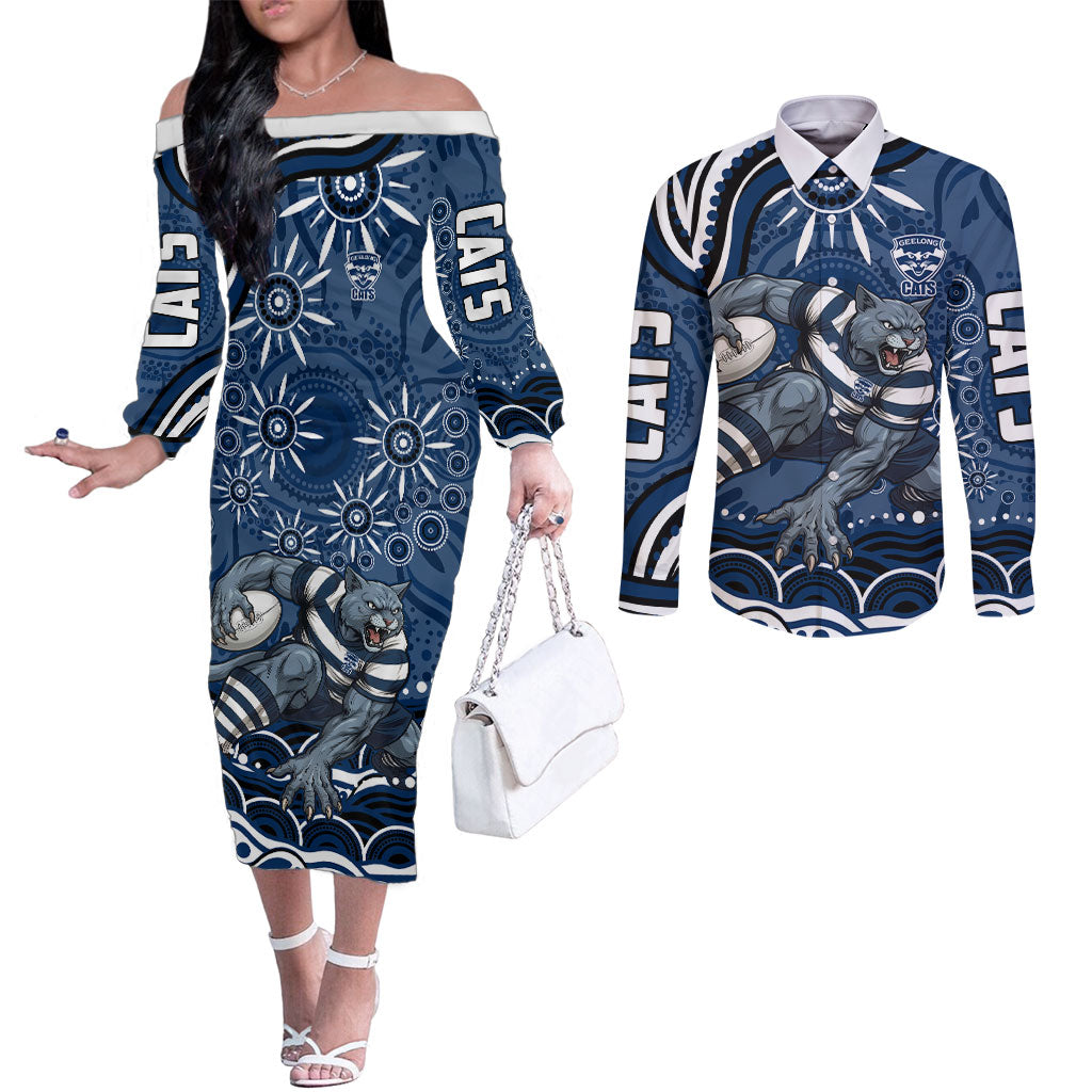 Personalized Geelong Cats Rugby Mascot Couples Matching Off The Shoulder Long Sleeve Dress and Long Sleeve Button Shirt Aboriginal Dot Art - Dreamtime Football Mascot