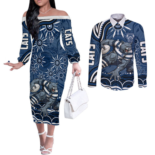 Personalized Geelong Cats Rugby Mascot Couples Matching Off The Shoulder Long Sleeve Dress and Long Sleeve Button Shirt Aboriginal Dot Art - Dreamtime Football Mascot