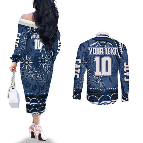 Personalized Geelong Cats Rugby Mascot Couples Matching Off The Shoulder Long Sleeve Dress and Long Sleeve Button Shirt Aboriginal Dot Art - Dreamtime Football Mascot