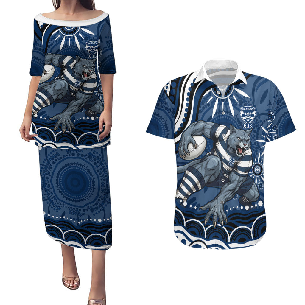 Personalized Geelong Cats Rugby Mascot Couples Matching Puletasi and Hawaiian Shirt Aboriginal Dot Art - Dreamtime Football Mascot