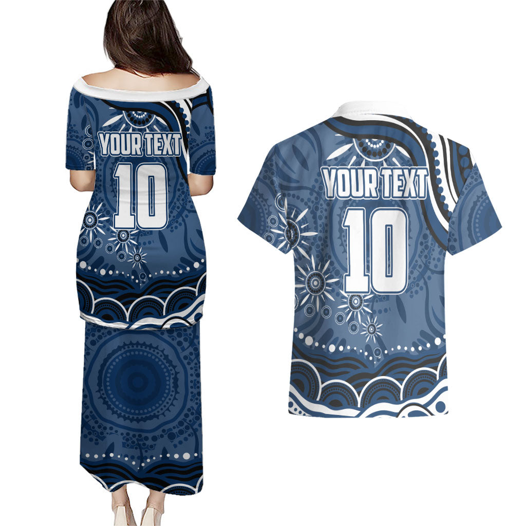 Personalized Geelong Cats Rugby Mascot Couples Matching Puletasi and Hawaiian Shirt Aboriginal Dot Art - Dreamtime Football Mascot
