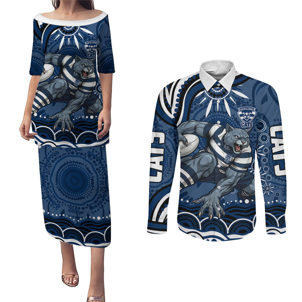 Personalized Geelong Cats Rugby Mascot Couples Matching Puletasi and Long Sleeve Button Shirt Aboriginal Dot Art - Dreamtime Football Mascot