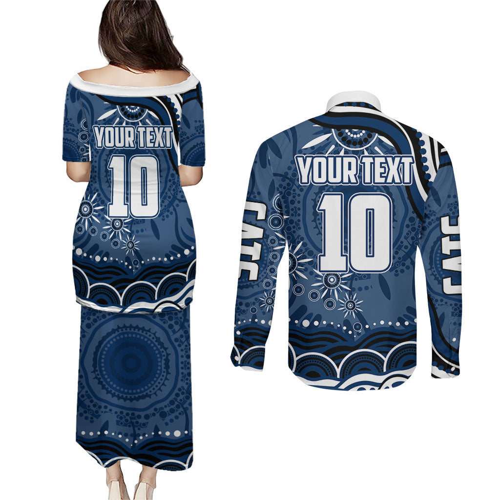 Personalized Geelong Cats Rugby Mascot Couples Matching Puletasi and Long Sleeve Button Shirt Aboriginal Dot Art - Dreamtime Football Mascot