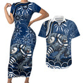 Personalized Geelong Cats Rugby Mascot Couples Matching Short Sleeve Bodycon Dress and Hawaiian Shirt Aboriginal Dot Art - Dreamtime Football Mascot