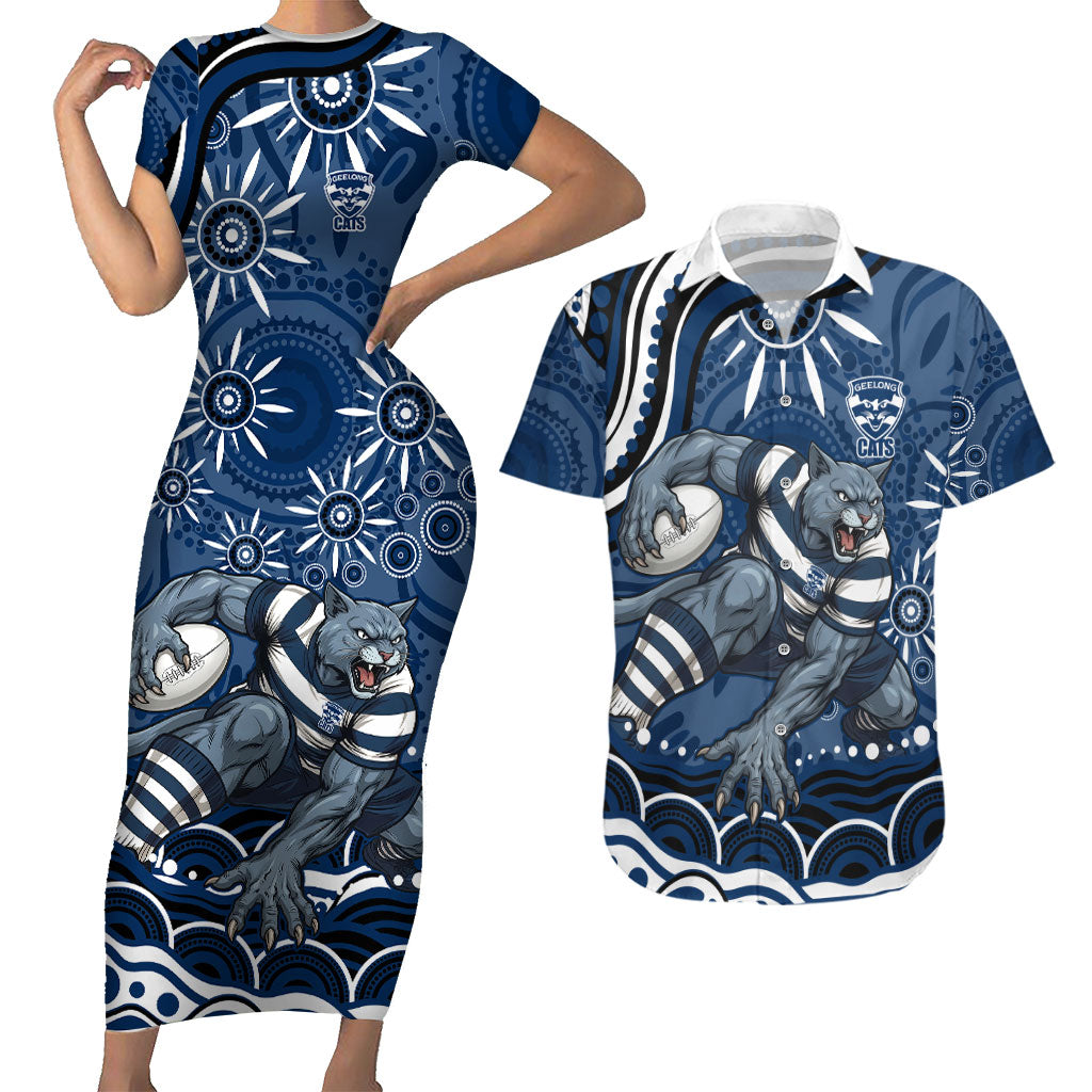 Personalized Geelong Cats Rugby Mascot Couples Matching Short Sleeve Bodycon Dress and Hawaiian Shirt Aboriginal Dot Art - Dreamtime Football Mascot