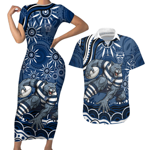 Personalized Geelong Cats Rugby Mascot Couples Matching Short Sleeve Bodycon Dress and Hawaiian Shirt Aboriginal Dot Art - Dreamtime Football Mascot