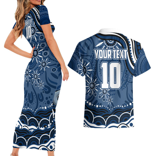 Personalized Geelong Cats Rugby Mascot Couples Matching Short Sleeve Bodycon Dress and Hawaiian Shirt Aboriginal Dot Art - Dreamtime Football Mascot