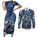 Personalized Geelong Cats Rugby Mascot Couples Matching Short Sleeve Bodycon Dress and Long Sleeve Button Shirt Aboriginal Dot Art - Dreamtime Football Mascot