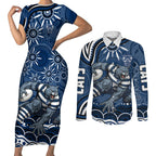 Personalized Geelong Cats Rugby Mascot Couples Matching Short Sleeve Bodycon Dress and Long Sleeve Button Shirt Aboriginal Dot Art - Dreamtime Football Mascot