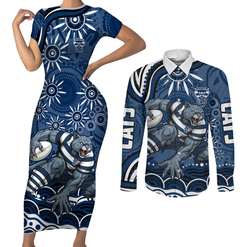 Personalized Geelong Cats Rugby Mascot Couples Matching Short Sleeve Bodycon Dress and Long Sleeve Button Shirt Aboriginal Dot Art - Dreamtime Football Mascot