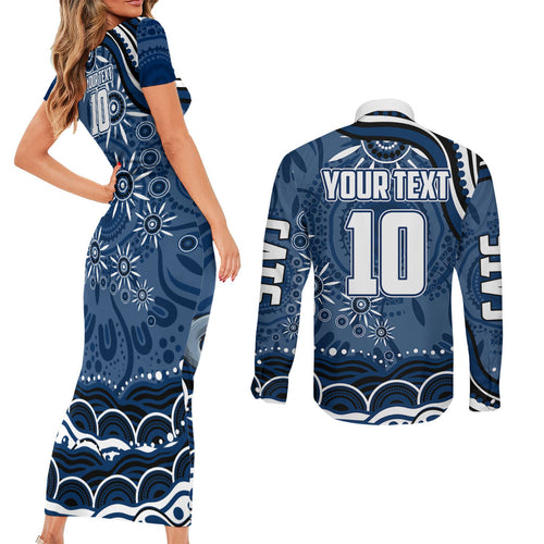 Personalized Geelong Cats Rugby Mascot Couples Matching Short Sleeve Bodycon Dress and Long Sleeve Button Shirt Aboriginal Dot Art - Dreamtime Football Mascot