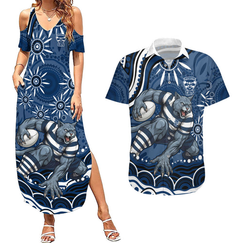 Personalized Geelong Cats Rugby Mascot Couples Matching Summer Maxi Dress and Hawaiian Shirt Aboriginal Dot Art - Dreamtime Football Mascot