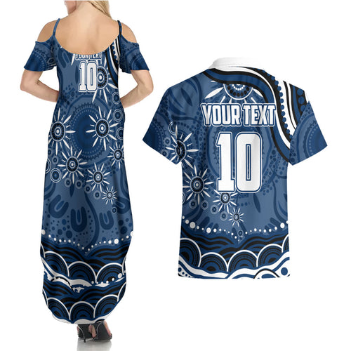 Personalized Geelong Cats Rugby Mascot Couples Matching Summer Maxi Dress and Hawaiian Shirt Aboriginal Dot Art - Dreamtime Football Mascot