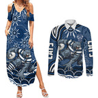 Personalized Geelong Cats Rugby Mascot Couples Matching Summer Maxi Dress and Long Sleeve Button Shirt Aboriginal Dot Art - Dreamtime Football Mascot