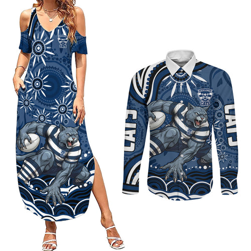 Personalized Geelong Cats Rugby Mascot Couples Matching Summer Maxi Dress and Long Sleeve Button Shirt Aboriginal Dot Art - Dreamtime Football Mascot