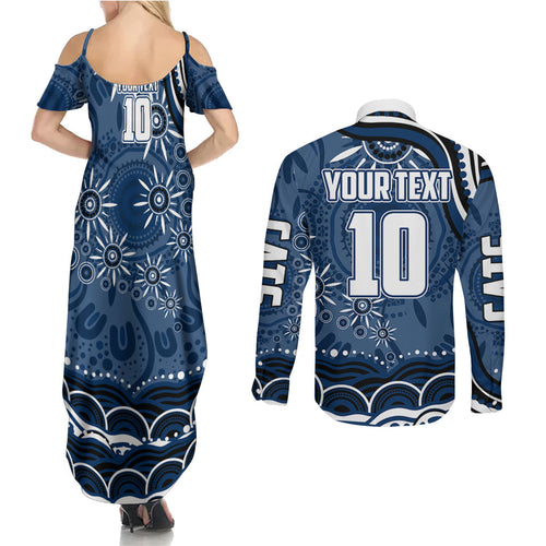 Personalized Geelong Cats Rugby Mascot Couples Matching Summer Maxi Dress and Long Sleeve Button Shirt Aboriginal Dot Art - Dreamtime Football Mascot