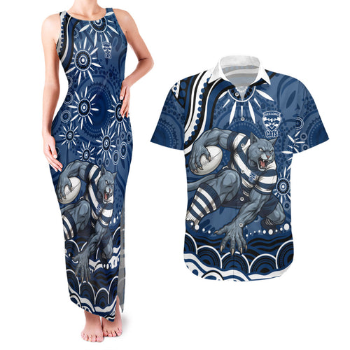 Personalized Geelong Cats Rugby Mascot Couples Matching Tank Maxi Dress and Hawaiian Shirt Aboriginal Dot Art - Dreamtime Football Mascot