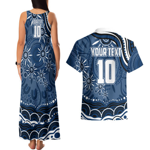 Personalized Geelong Cats Rugby Mascot Couples Matching Tank Maxi Dress and Hawaiian Shirt Aboriginal Dot Art - Dreamtime Football Mascot