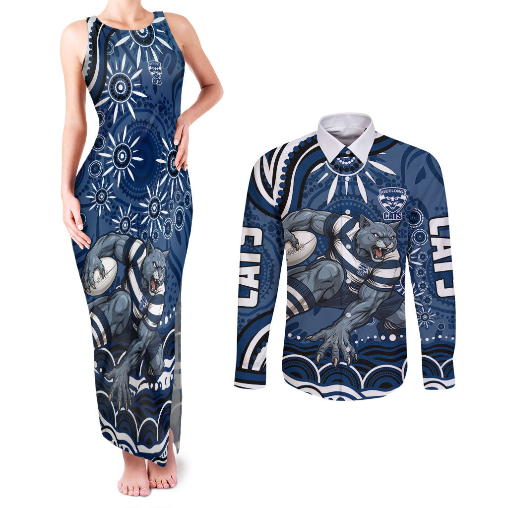 Personalized Geelong Cats Rugby Mascot Couples Matching Tank Maxi Dress and Long Sleeve Button Shirt Aboriginal Dot Art - Dreamtime Football Mascot