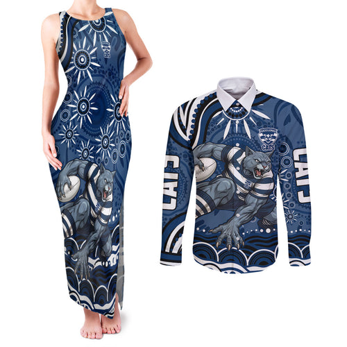 Personalized Geelong Cats Rugby Mascot Couples Matching Tank Maxi Dress and Long Sleeve Button Shirt Aboriginal Dot Art - Dreamtime Football Mascot