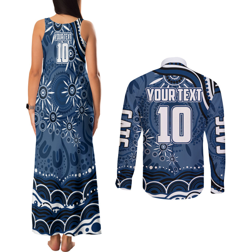 Personalized Geelong Cats Rugby Mascot Couples Matching Tank Maxi Dress and Long Sleeve Button Shirt Aboriginal Dot Art - Dreamtime Football Mascot