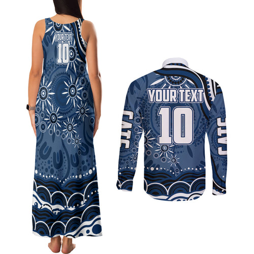 Personalized Geelong Cats Rugby Mascot Couples Matching Tank Maxi Dress and Long Sleeve Button Shirt Aboriginal Dot Art - Dreamtime Football Mascot