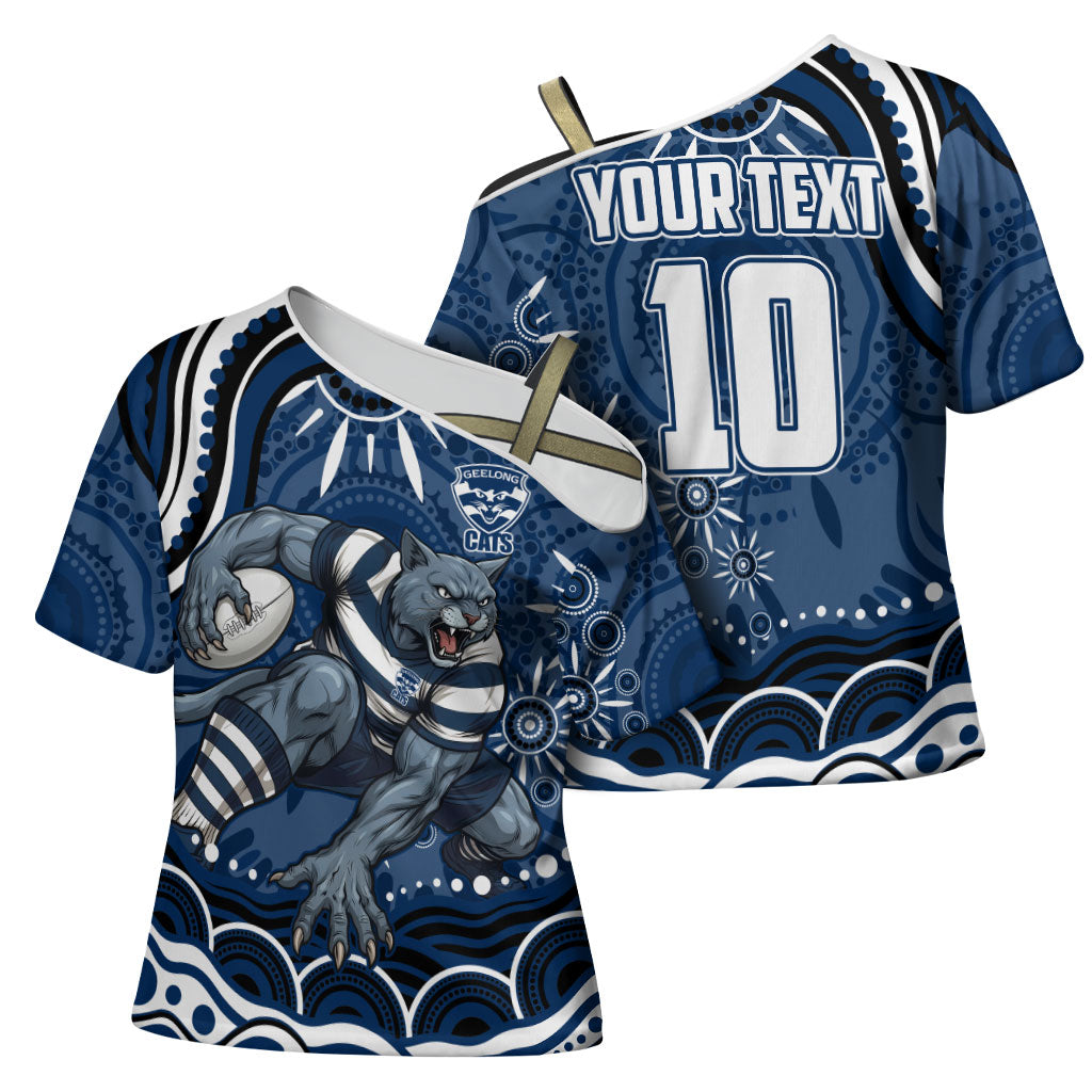 Personalized Geelong Cats Rugby Mascot Cross Shoulder Shirt Aboriginal Dot Art - Dreamtime Football Mascot