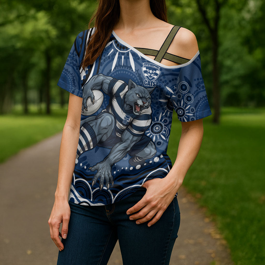 Personalized Geelong Cats Rugby Mascot Cross Shoulder Shirt Aboriginal Dot Art - Dreamtime Football Mascot