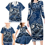 Personalized Geelong Cats Rugby Mascot Family Matching Long Sleeve Bodycon Dress and Hawaiian Shirt Aboriginal Dot Art - Dreamtime Football Mascot