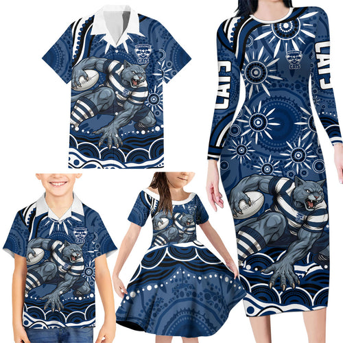 Personalized Geelong Cats Rugby Mascot Family Matching Long Sleeve Bodycon Dress and Hawaiian Shirt Aboriginal Dot Art - Dreamtime Football Mascot
