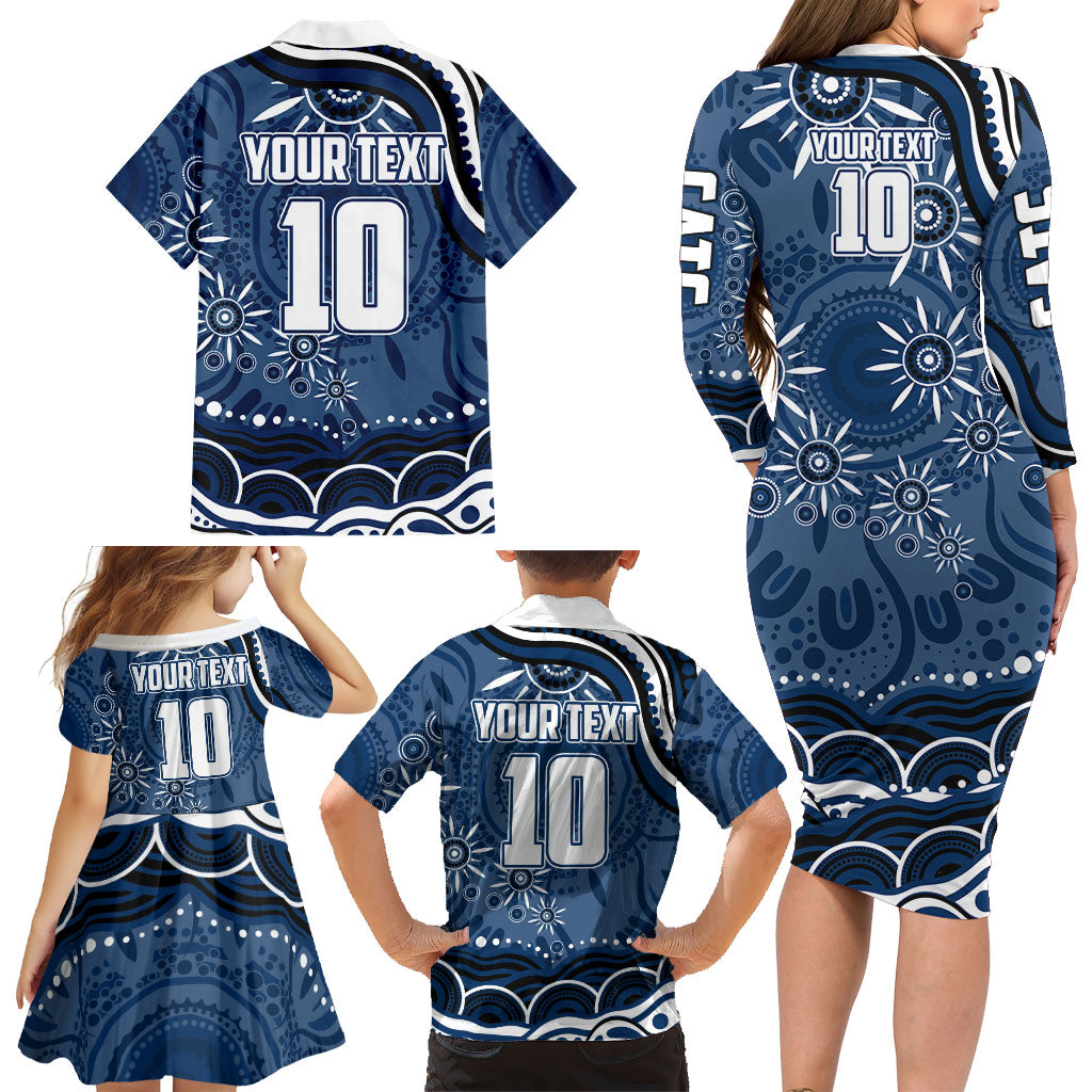 Personalized Geelong Cats Rugby Mascot Family Matching Long Sleeve Bodycon Dress and Hawaiian Shirt Aboriginal Dot Art - Dreamtime Football Mascot