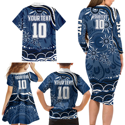 Personalized Geelong Cats Rugby Mascot Family Matching Long Sleeve Bodycon Dress and Hawaiian Shirt Aboriginal Dot Art - Dreamtime Football Mascot