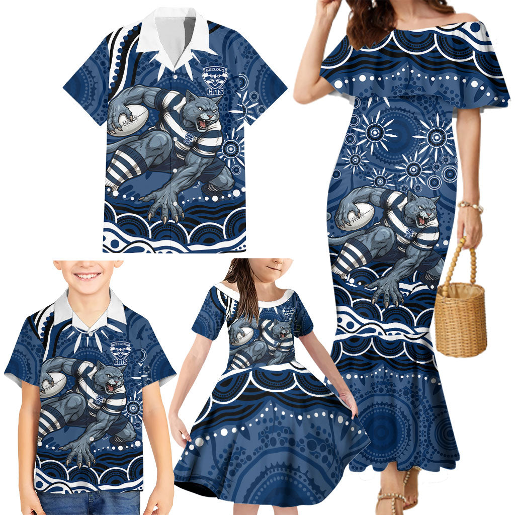 Personalized Geelong Cats Rugby Mascot Family Matching Mermaid Dress and Hawaiian Shirt Aboriginal Dot Art - Dreamtime Football Mascot
