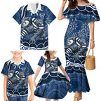 Personalized Geelong Cats Rugby Mascot Family Matching Mermaid Dress and Hawaiian Shirt Aboriginal Dot Art - Dreamtime Football Mascot
