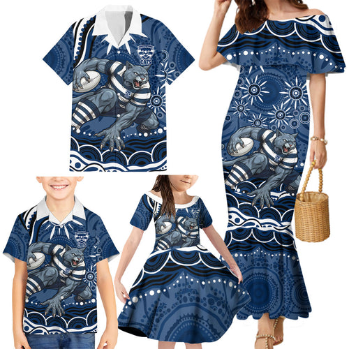 Personalized Geelong Cats Rugby Mascot Family Matching Mermaid Dress and Hawaiian Shirt Aboriginal Dot Art - Dreamtime Football Mascot