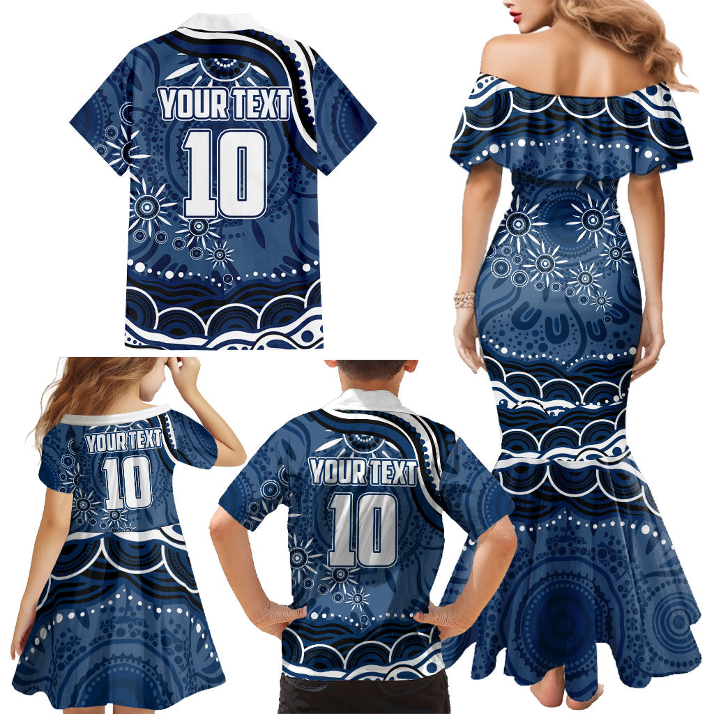 Personalized Geelong Cats Rugby Mascot Family Matching Mermaid Dress and Hawaiian Shirt Aboriginal Dot Art - Dreamtime Football Mascot
