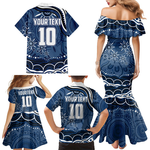 Personalized Geelong Cats Rugby Mascot Family Matching Mermaid Dress and Hawaiian Shirt Aboriginal Dot Art - Dreamtime Football Mascot