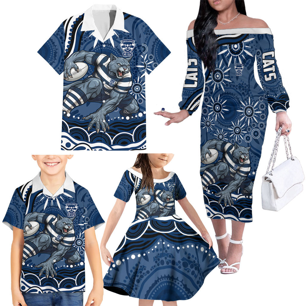 Personalized Geelong Cats Rugby Mascot Family Matching Off The Shoulder Long Sleeve Dress and Hawaiian Shirt Aboriginal Dot Art - Dreamtime Football Mascot