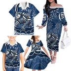 Personalized Geelong Cats Rugby Mascot Family Matching Off The Shoulder Long Sleeve Dress and Hawaiian Shirt Aboriginal Dot Art - Dreamtime Football Mascot