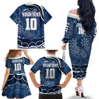 Personalized Geelong Cats Rugby Mascot Family Matching Off The Shoulder Long Sleeve Dress and Hawaiian Shirt Aboriginal Dot Art - Dreamtime Football Mascot