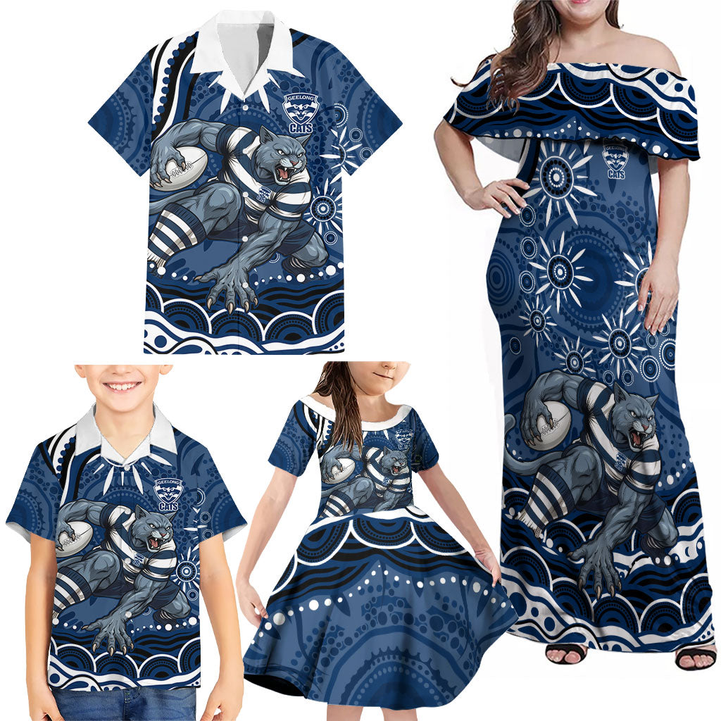 Personalized Geelong Cats Rugby Mascot Family Matching Off Shoulder Maxi Dress and Hawaiian Shirt Aboriginal Dot Art - Dreamtime Football Mascot