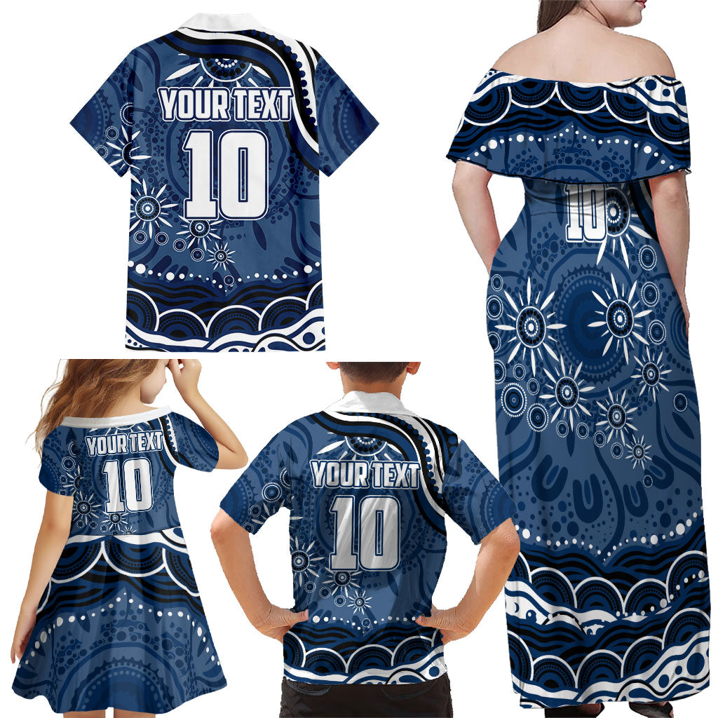 Personalized Geelong Cats Rugby Mascot Family Matching Off Shoulder Maxi Dress and Hawaiian Shirt Aboriginal Dot Art - Dreamtime Football Mascot