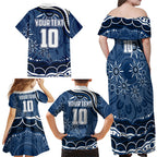 Personalized Geelong Cats Rugby Mascot Family Matching Off Shoulder Maxi Dress and Hawaiian Shirt Aboriginal Dot Art - Dreamtime Football Mascot
