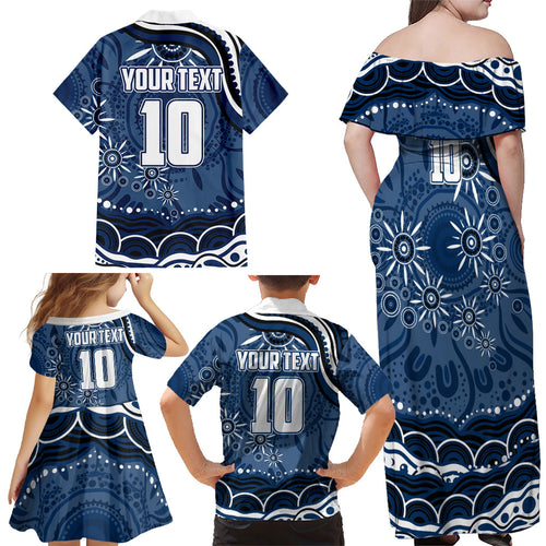 Personalized Geelong Cats Rugby Mascot Family Matching Off Shoulder Maxi Dress and Hawaiian Shirt Aboriginal Dot Art - Dreamtime Football Mascot