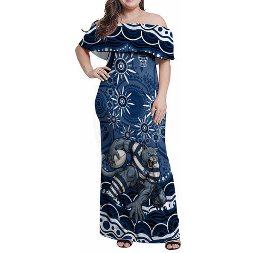 Personalized Geelong Cats Rugby Mascot Family Matching Off Shoulder Maxi Dress and Hawaiian Shirt Aboriginal Dot Art - Dreamtime Football Mascot