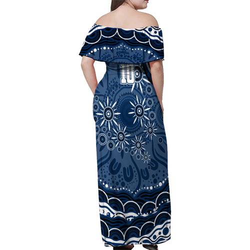 Personalized Geelong Cats Rugby Mascot Family Matching Off Shoulder Maxi Dress and Hawaiian Shirt Aboriginal Dot Art - Dreamtime Football Mascot